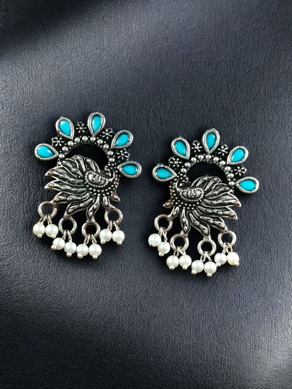 Elegant Peacock Stone Earrings – Silver-Plated Brass to Enhance Your Festive Style 5 Silver-plated brass peacock stone earrings adorned with colorful stones, perfect for festive occasions
