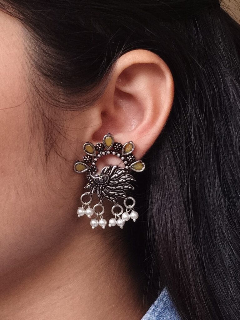 Elegant Peacock Stone Earrings – Silver-Plated Brass to Enhance Your Festive Style