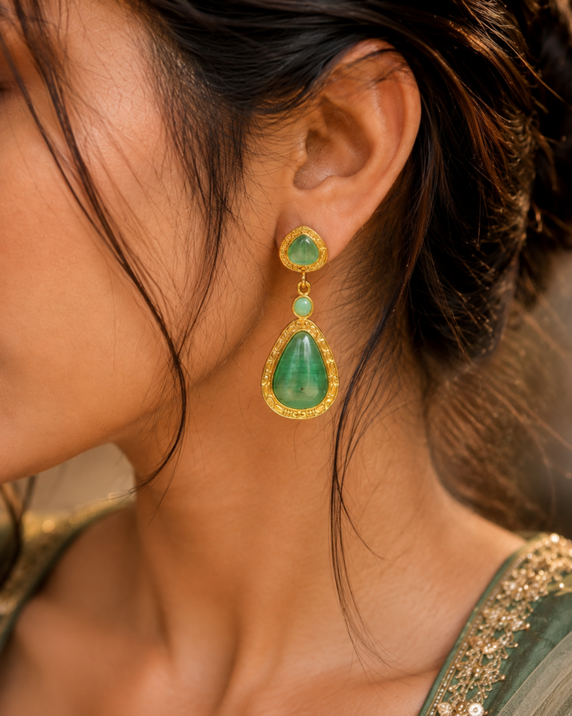 Gold Plated Dangler Earrings with Monalisa Stone – Unique Designer Jewelry for Women
