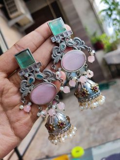 Silver Replica Handmade Jhumki Earrings with Stone Stud Design