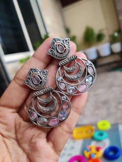 Silver Replica Stone Work Chandbali Look Earrings | Antique Oxidized Jewelry