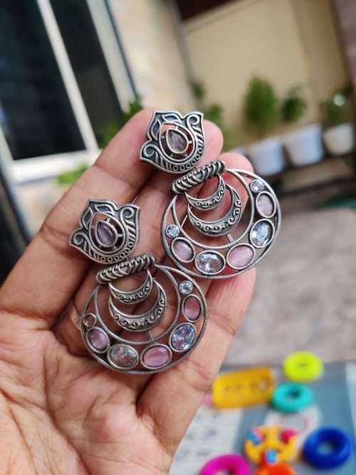 Silver Replica Stone Work Chandbali Look Earrings | Antique Oxidized Jewelry