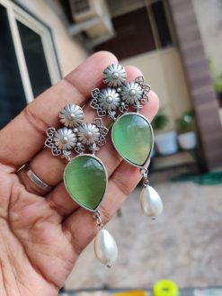 Unique Ethnic Silver Replica Pearl Dangler Earrings for Girls