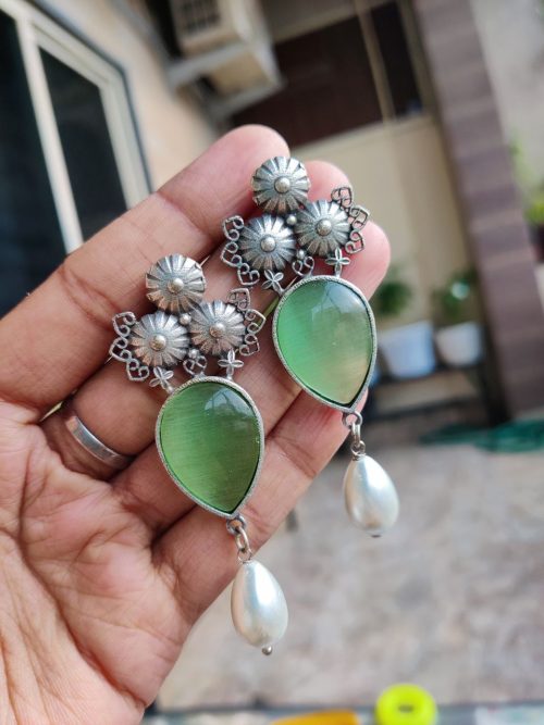 Unique Ethnic Silver Replica Pearl Dangler Earrings for Girls