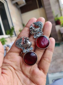 Silver Replica Peacock Stud Earrings with Stone | Party Wear Jewellery