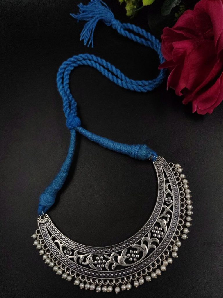 Traditional Floral Art Choker Necklace with Pearl Work | Adjustable Thread Beautiful Jewelry