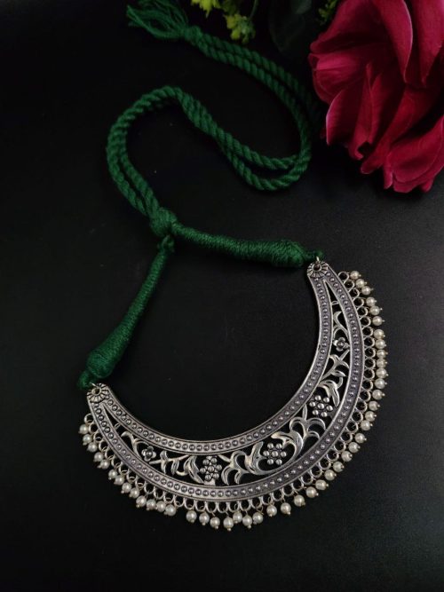 Traditional pearl floral choker necklace with adjustable thread for ethnic wear.