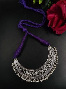 Traditional Floral Art Choker Necklace with Pearl Work | Adjustable Thread Beautiful Jewelry - color: "Amethyst"