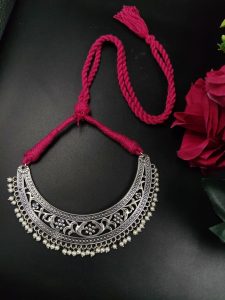 Traditional Floral Art Choker Necklace with Pearl Work | Adjustable Thread Beautiful Jewelry - color: "Pink"