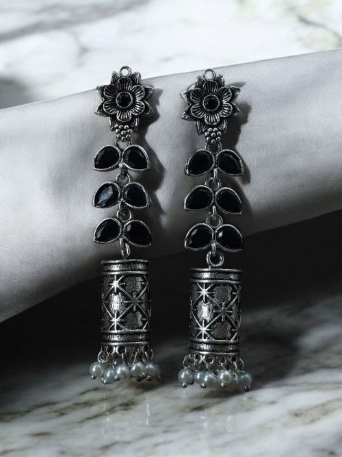 Silver plated oxidized jhumki earrings with stone and pearl detailing in traditional ethnic design