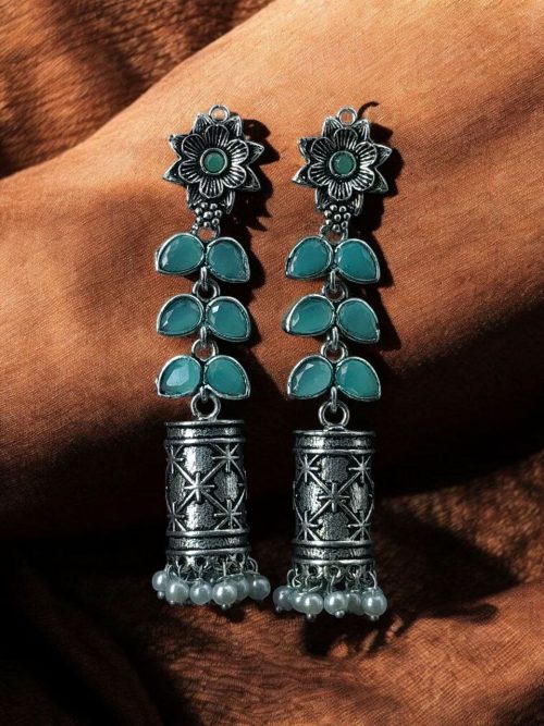 Silver plated oxidized jhumki earrings with stone and pearl detailing in traditional ethnic design