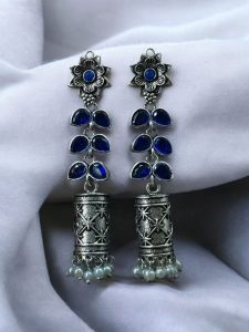 Silver Plated Oxidized Jhumki Dangler Earrings | Stone & Pearl Detailing Perfect Traditional Look Jewelry - color: "Blue"