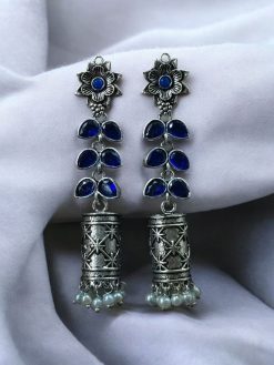 Silver plated oxidized jhumki dangler earrings with stone and pearl detailing in traditional ethnic design