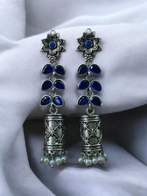 Silver plated oxidized jhumki dangler earrings with stone and pearl detailing in traditional ethnic design