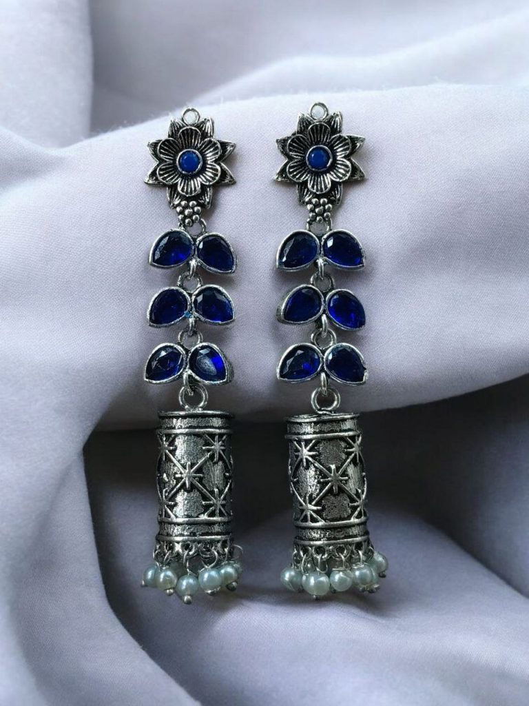 Silver Plated Oxidized Jhumki Dangler Earrings | Stone & Pearl Detailing Perfect Traditional Look Jewelry