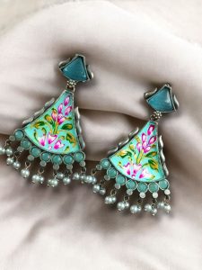 Colorful Hand-Painted Earrings With Monalisa Stone | Best Handcrafted Jewelry - Color: "Aqua-Mint"