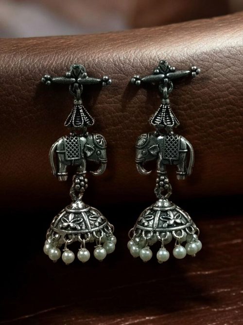 Traditional Elephant Dangler Earrings | Oxidised Silver Jhumki with Pearl Accents