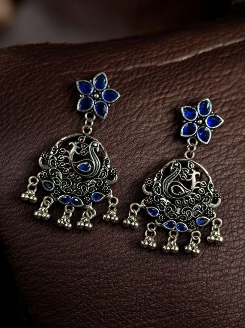Elegant Stone Work Peacock Earrings | German Silver Dangler Jewelry for Girls - Image 2