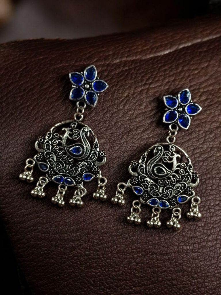 Bulk 1050 Elegant Stone Work Peacock Earrings | German Silver Dangler Jewelry for Girls - "Blue"