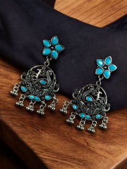Elegant Stone Work Peacock Earrings | German Silver Dangler Jewelry for Girls