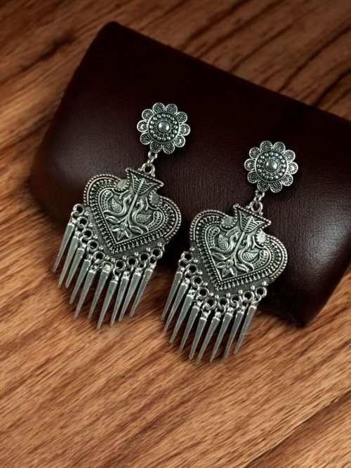 Handcrafted Peacock Dangler Earrings in German Silver | Traditional Look