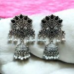 Vintage Look Best Peacock Earrings | German Silver Jhumki with Stone & Pearl Work - "Black"