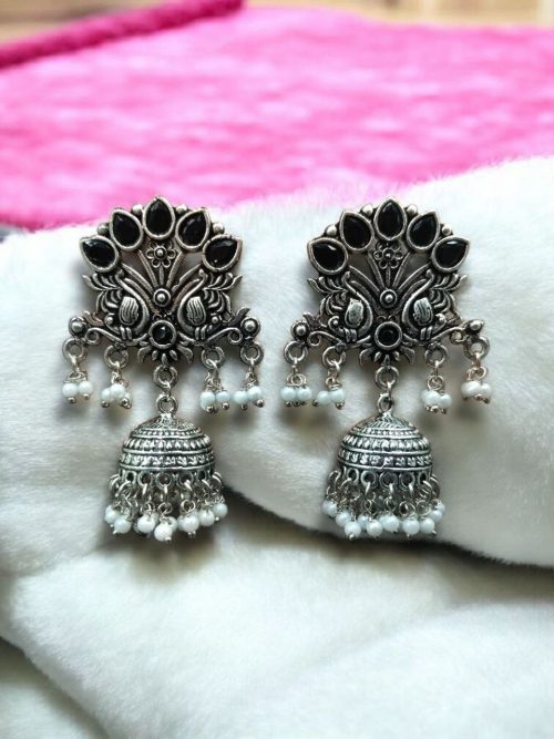 German silver peacock jhumki earrings with stone and pearl work