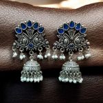 Vintage Look Best Peacock Earrings | German Silver Jhumki with Stone & Pearl Work - "Blue"