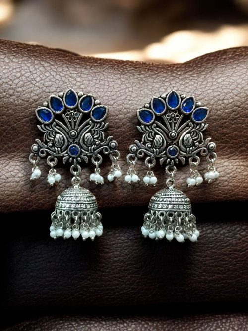 German silver peacock jhumki earrings with stone and pearl work