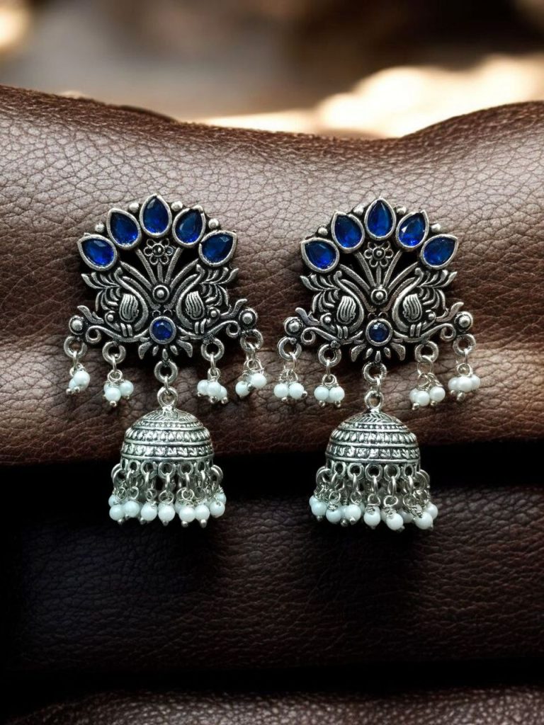 Bulk 1048 Vintage Look Best Peacock Earrings | German Silver Jhumki with Stone & Pearl Work - "Blue"