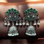 Vintage Look Best Peacock Earrings | German Silver Jhumki with Stone & Pearl Work