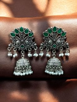 German silver peacock jhumki earrings with stone and pearl work