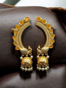 Traditional Gold Plated Beautiful Peacock Jhumki Earcuff | Stone & Pearl Detailing Ethnic Jewelry - color: "Yellow"