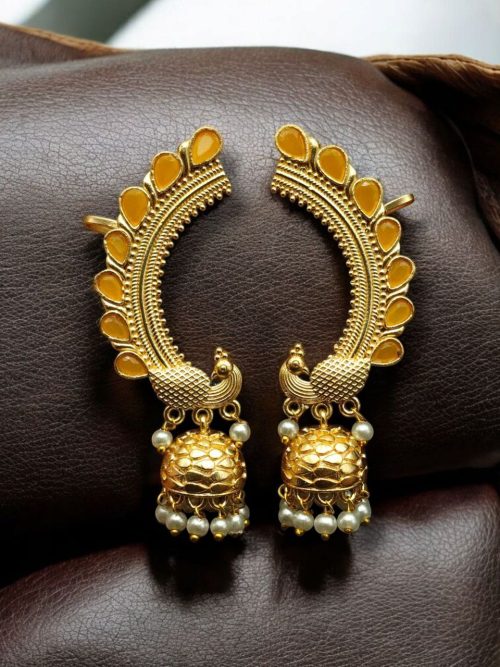Gold Plated Peacock Earcuff with Stone and Pearl Work