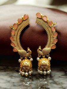 Traditional Gold Plated Beautiful Peacock Jhumki Earcuff | Stone & Pearl Detailing Ethnic Jewelry - color: "Baby Pink"