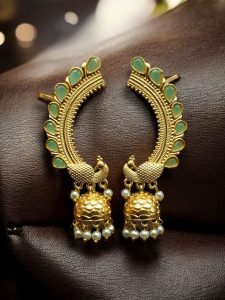 Traditional Gold Plated Beautiful Peacock Jhumki Earcuff | Stone & Pearl Detailing Ethnic Jewelry - color: "Mint"