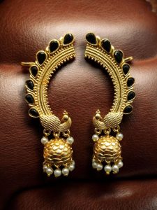 Traditional Gold Plated Beautiful Peacock Jhumki Earcuff | Stone & Pearl Detailing Ethnic Jewelry - color: "Black"