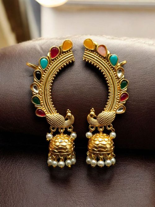 Gold Plated Peacock Earcuff with Stone and Pearl Work