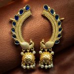 Traditional Gold Plated Beautiful Peacock Jhumki Earcuff | Stone & Pearl Detailing Ethnic Jewelry - "Blue"