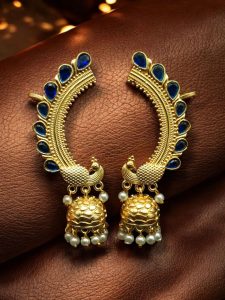 Traditional Gold Plated Beautiful Peacock Jhumki Earcuff | Stone & Pearl Detailing Ethnic Jewelry - color: "Blue"