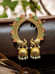 Traditional Gold Plated Beautiful Peacock Jhumki Earcuff | Stone & Pearl Detailing Ethnic Jewelry - color: "Baby Pink-Mint"