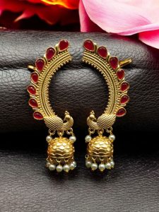 Traditional Gold Plated Beautiful Peacock Jhumki Earcuff | Stone & Pearl Detailing Ethnic Jewelry - color: "Red"