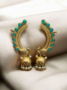 Traditional Gold Plated Beautiful Peacock Jhumki Earcuff | Stone & Pearl Detailing Ethnic Jewelry - color: "Aqua"
