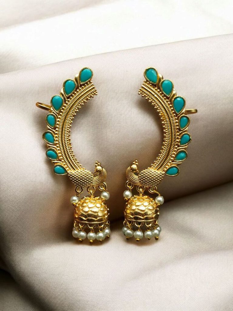 Bulk 1042 Traditional Gold Plated Beautiful Peacock Jhumki Earcuff | Stone & Pearl Detailing Ethnic Jewelry - "Aqua"