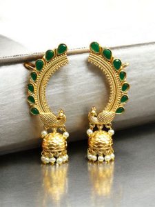 Traditional Gold Plated Beautiful Peacock Jhumki Earcuff | Stone & Pearl Detailing Ethnic Jewelry - color: "Green"