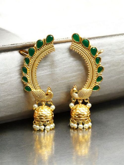 Gold Plated Peacock Earcuff with Stone and Pearl Work