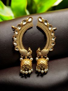 Traditional Gold Plated Beautiful Peacock Jhumki Earcuff | Stone & Pearl Detailing Ethnic Jewelry - color: "White"