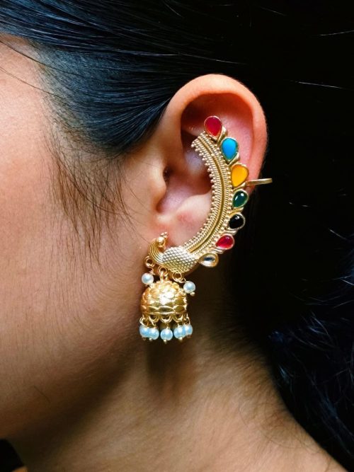 Gold Plated Peacock Earcuff with Stone and Pearl Work