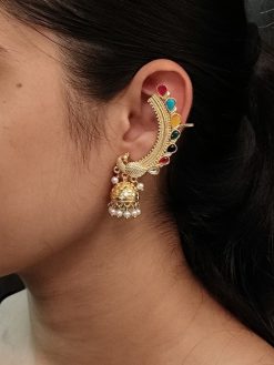 Gold Plated Peacock jhumki Earcuff with Stone and Pearl Work