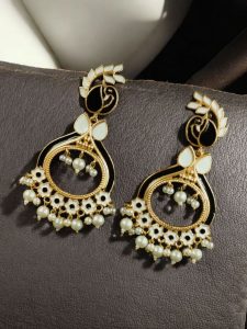 Unique Meenakari Peacock Earrings | Gold Finish Dangler with Pearl Work – Lightweight Jewelry - color: "Black-White"